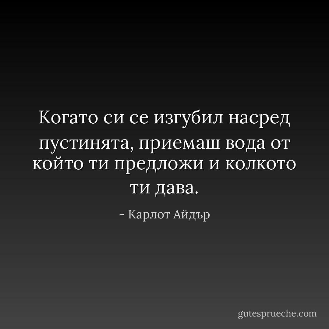 Когато си се изгубил насред пустинята, приемаш вода от който ти предложи и колкото ти дава. - Карлот Айдър