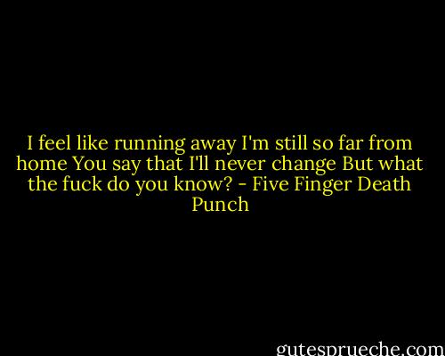 I feel like running away<br />I'm still so far from home<br />You say that I'll never change<br />But what the fuck do you know? - Five Finger Death Punch