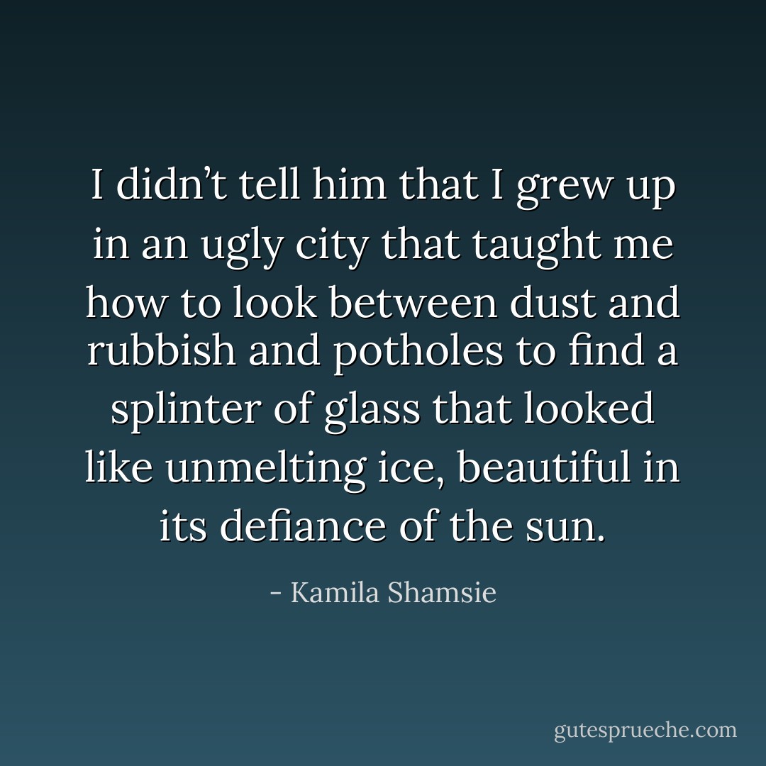 I didn’t tell him that I grew up in an ugly city that taught me how to look between dust and rubbish and potholes to find a splinter of glass that looked like unmelting ice, beautiful in its defiance of the sun. - Kamila Shamsie