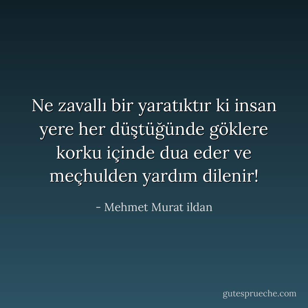 Ne zavallı bir yaratıktır ki insan yere her düştüğünde göklere korku içinde dua eder ve meçhulden yardım dilenir! - Mehmet Murat ildan
