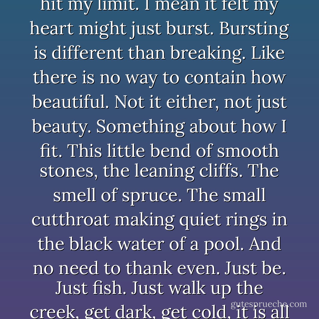 Sometimes back then, fishing with Jasper up the Sulphur, I hit my limit. I mean it felt my heart might just burst. Bursting is different than breaking. Like there is no way to contain how beautiful. Not it either, not just beauty. Something about how I fit. This little bend of smooth stones, the leaning cliffs. The smell of spruce. The small cutthroat making quiet rings in the black water of a pool. And no need to thank even. Just be. Just fish. Just walk up the creek, get dark, get cold, it is all a piece. Of me somehow. - Peter Heller