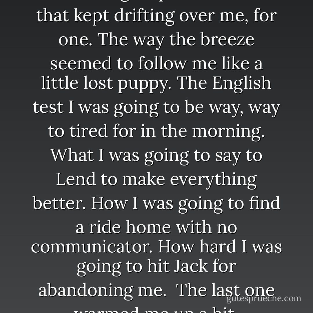 There was a lot to think about. The strange liquid sensation that kept drifting over me, for one. The way the breeze seemed to follow me like a little lost puppy. The English test I was going to be way, way to tired for in the morning. What I was going to say to Lend to make everything better. How I was going to find a ride home with no communicator. How hard I was going to hit Jack for abandoning me. <br />The last one warmed me up a bit. - Kiersten White