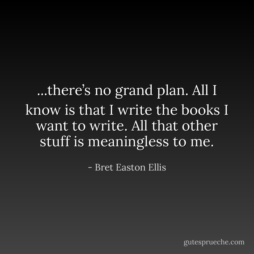...there’s no grand plan. All I know is that I write the books I want to write. All that other stuff is meaningless to me. - Bret Easton Ellis