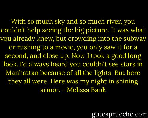 With so much sky and so much river, you couldn't help seeing the big picture. It was what you already knew, but crowding into the subway or rushing to a movie, you only saw it for a second, and close up. Now I took a good long look. I'd always heard you couldn't see stars in Manhattan because of all the lights. But here they all were. Here was my night in shining armor. - Melissa Bank