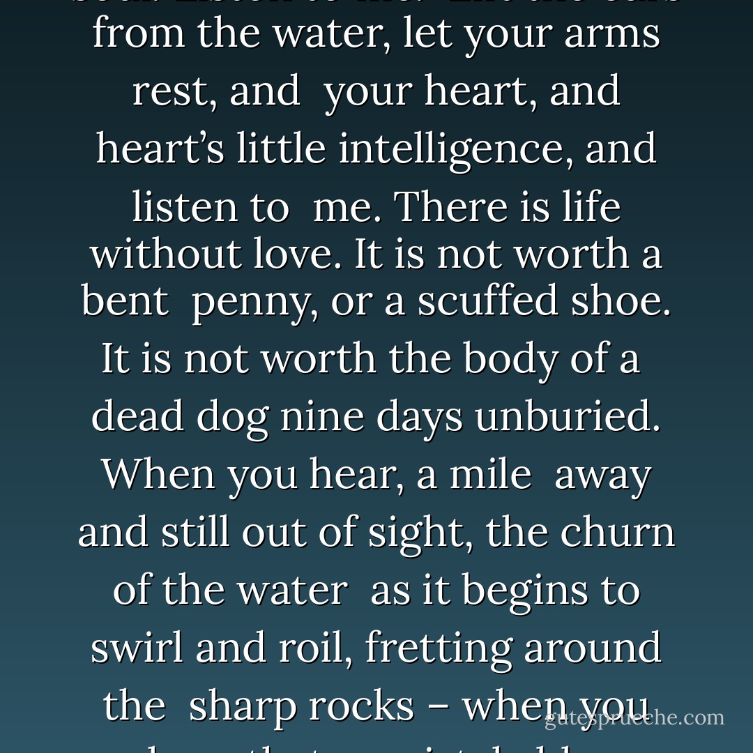 West Wind #2<br /><br />You are young. So you know everything. You leap<br /> into the boat and begin rowing. But listen to me.<br /> Without fanfare, without embarrassment, without<br /> any doubt, I talk directly to your soul. Listen to me.<br /> Lift the oars from the water, let your arms rest, and<br /> your heart, and heart’s little intelligence, and listen to<br /> me. There is life without love. It is not worth a bent<br /> penny, or a scuffed shoe. It is not worth the body of a<br /> dead dog nine days unburied. When you hear, a mile<br /> away and still out of sight, the churn of the water<br /> as it begins to swirl and roil, fretting around the<br /> sharp rocks – when you hear that unmistakable<br /> pounding – when you feel the mist on your mouth<br /> and sense ahead the embattlement, the long falls<br /> plunging and steaming – then row, row for your life<br /> toward it. - Mary Oliver