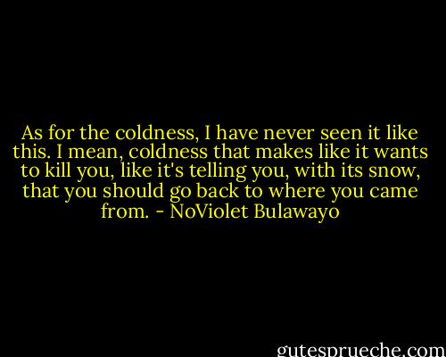 As for the coldness, I have never seen it like this. I mean, coldness that makes like it wants to kill you, like it's telling you, with its snow, that you should go back to where you came from. - NoViolet Bulawayo
