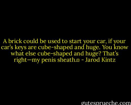 A brick could be used to start your car, if your car’s keys are cube-shaped and huge. You know what else cube-shaped and huge? That’s right—my penis sheath.  - Jarod Kintz