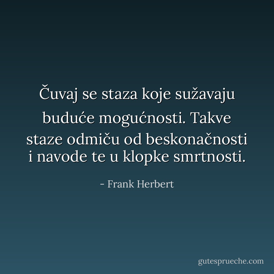 Čuvaj se staza koje sužavaju buduće mogućnosti. Takve staze odmiču od beskonačnosti i navode te u klopke smrtnosti. - Frank Herbert