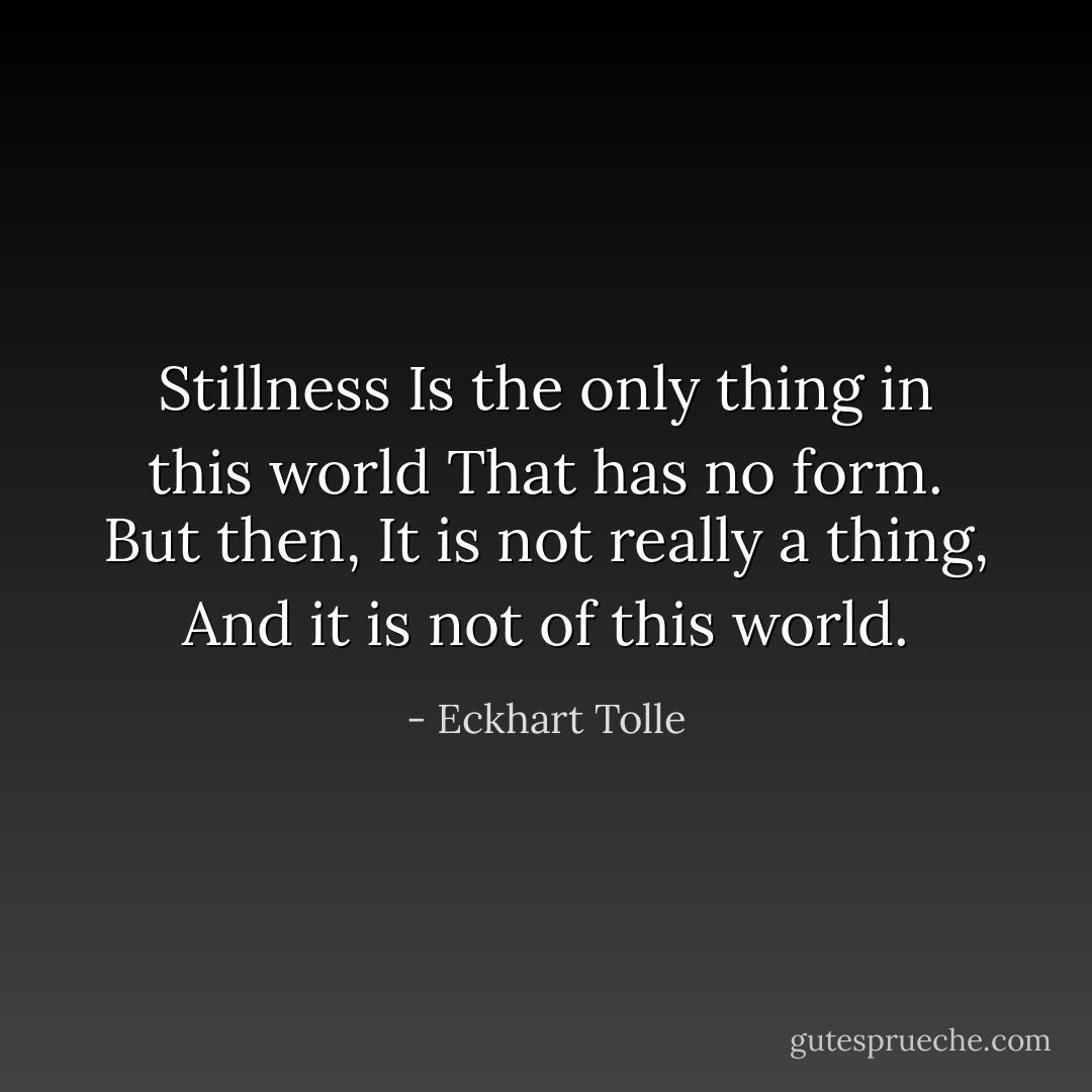 Stillness<br />Is the only thing in this world<br />That has no form.<br />But then,<br />It is not really a thing,<br />And it is not of this world. - Eckhart Tolle