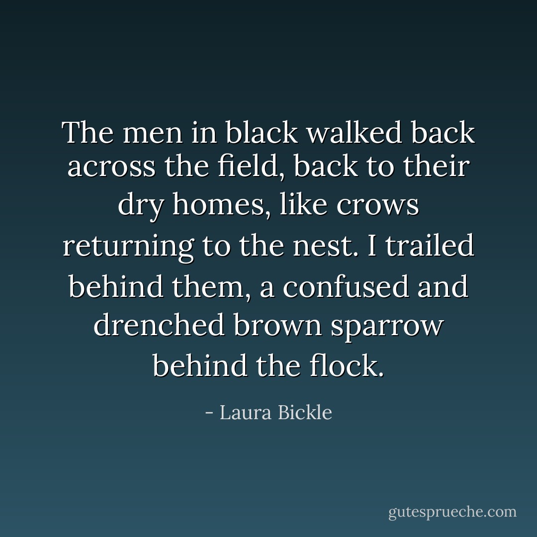 The men in black walked back across the field, back to their dry homes, like crows returning to the nest. I trailed behind them, a confused and drenched brown sparrow behind the flock. - Laura Bickle