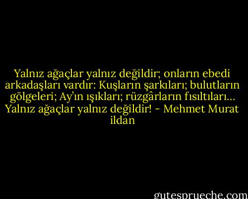 Yalnız ağaçlar yalnız değildir; onların ebedi arkadaşları vardır: Kuşların şarkıları; bulutların gölgeleri; Ay’ın ışıkları; rüzgârların fısıltıları… Yalnız ağaçlar yalnız değildir! - Mehmet Murat ildan
