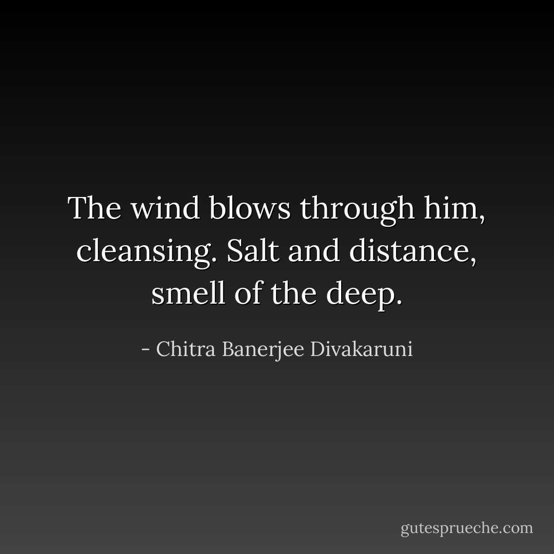 The wind blows through him, cleansing. Salt and distance, smell of the deep. - Chitra Banerjee Divakaruni