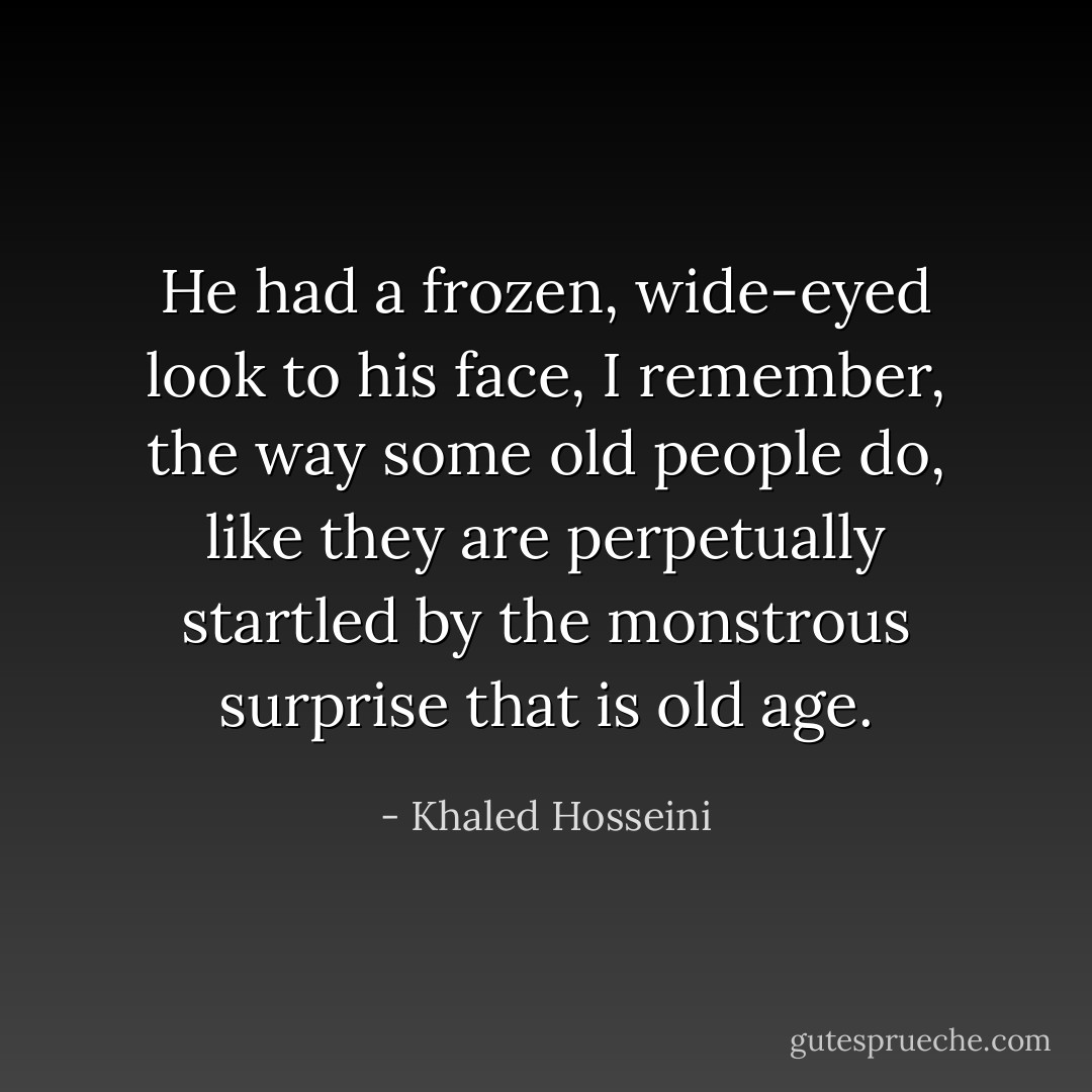 He had a frozen, wide-eyed look to his face, I remember, the way some old people do, like they are perpetually startled by the monstrous surprise that is old age. - Khaled Hosseini