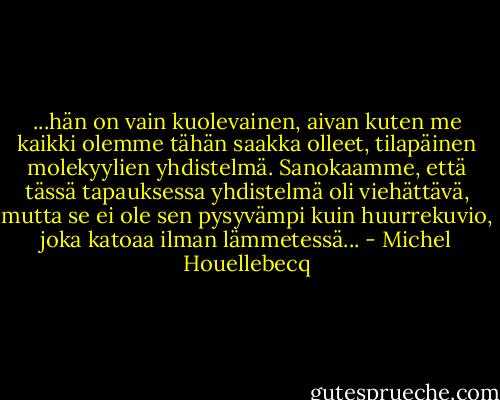 ...hän on vain kuolevainen, aivan kuten me kaikki olemme tähän saakka olleet, tilapäinen molekyylien yhdistelmä. Sanokaamme, että tässä tapauksessa yhdistelmä oli viehättävä, mutta se ei ole sen pysyvämpi kuin huurrekuvio, joka katoaa ilman lämmetessä... - Michel Houellebecq