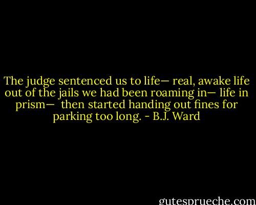 The judge sentenced us to life—<br />real, awake life<br />out of the jails we had been roaming in—<br />life in prism—<br /><br />then started handing out fines<br />for parking too long. - B.J. Ward