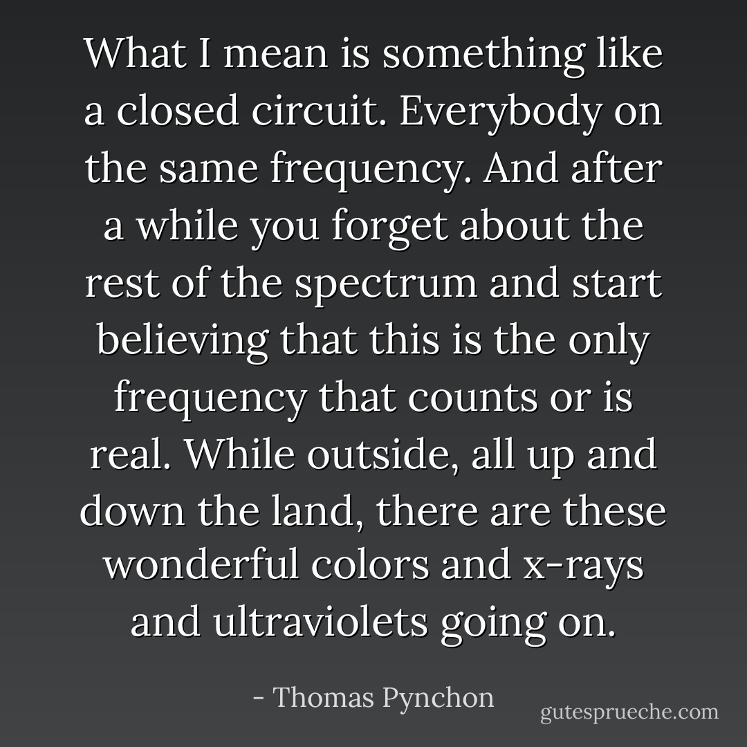 What I mean is something like a closed circuit. Everybody on the same frequency. And after a while you forget about the rest of the spectrum and start believing that this is the only frequency that counts or is real. While outside, all up and down the land, there are these wonderful colors and x-rays and ultraviolets going on. - Thomas Pynchon