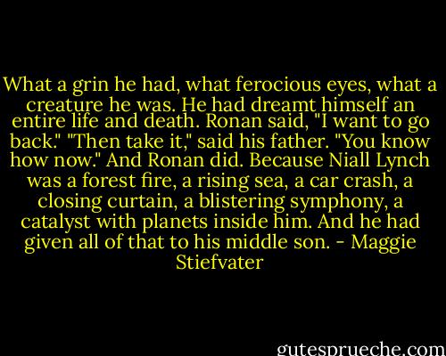What a grin he had, what ferocious eyes, what a creature he was. He had dreamt himself an entire life and death.<br />Ronan said, "I want to go back."<br />"Then take it," said his father. "You know how now."<br />And Ronan did. Because Niall Lynch was a forest fire, a rising sea, a car crash, a closing curtain, a blistering symphony, a catalyst with planets inside him.<br />And he had given all of that to his middle son. - Maggie Stiefvater