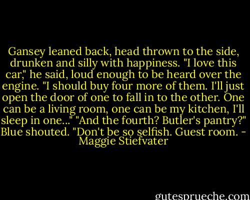 Gansey leaned back, head thrown to the side, drunken and silly with happiness. "I love this car," he said, loud enough to be heard over the engine. "I should buy four more of them. I'll just open the door of one to fall in to the other. One can be a living room, one can be my kitchen, I'll sleep in one..."<br />"And the fourth? Butler's pantry?" Blue shouted.<br />"Don't be so selfish. Guest room. - Maggie Stiefvater