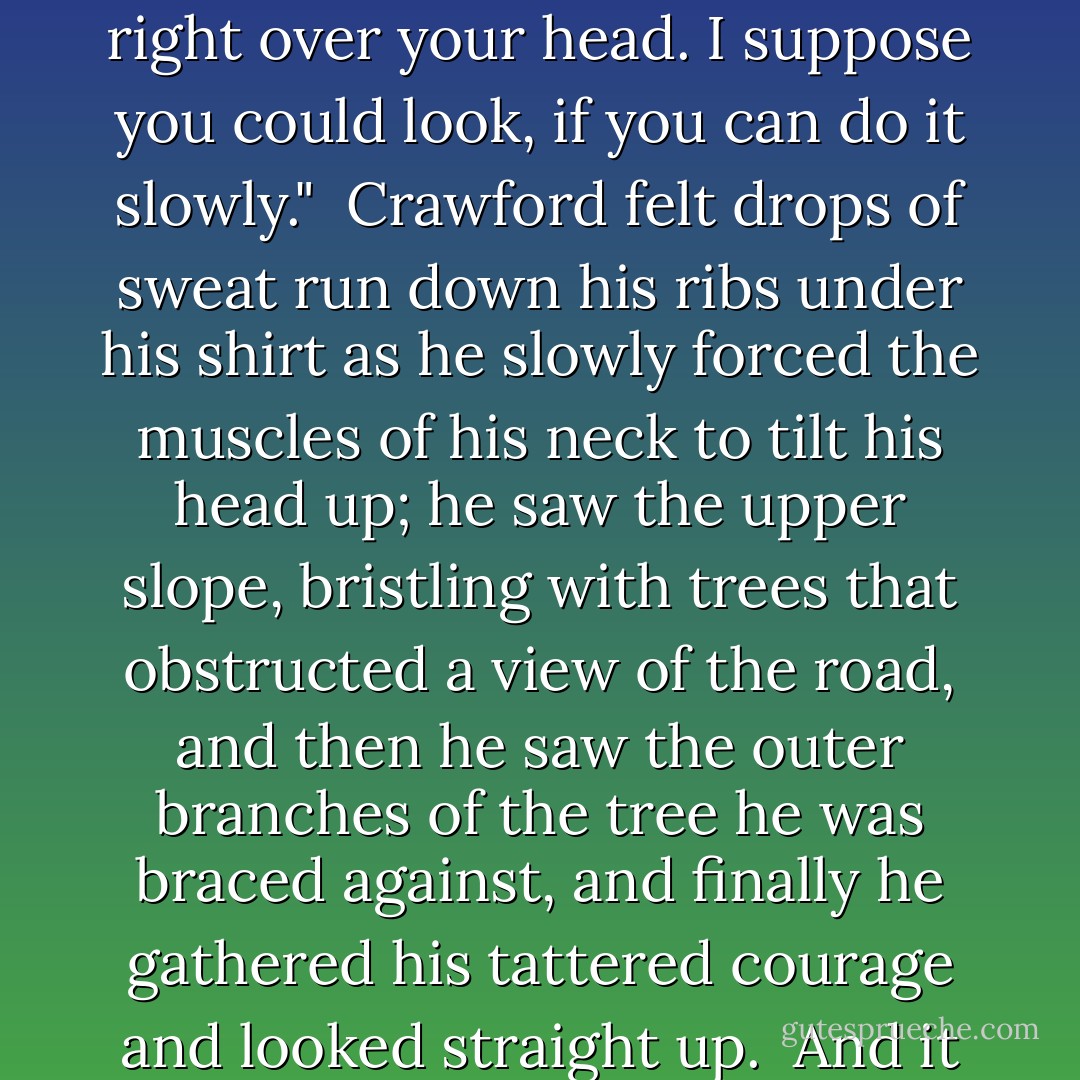 Byron had drawn his pistol, and was looking closely at the leaves and dirt around him, as if he'd dropped something. "It's -- do keep calm now -- it's right over your head. I suppose you could look, if you can do it slowly."<br /><br />Crawford felt drops of sweat run down his ribs under his shirt as he slowly forced the muscles of his neck to tilt his head up; he saw the upper slope, bristling with trees that obstructed a view of the road, and then he saw the outer branches of the tree he was braced against, and finally he gathered his tattered courage and looked straight up.<br /><br />And it took all of his self-control not to recoil or scream, and he was distantly resentful that he couldn't just die in this instant. - Tim Powers