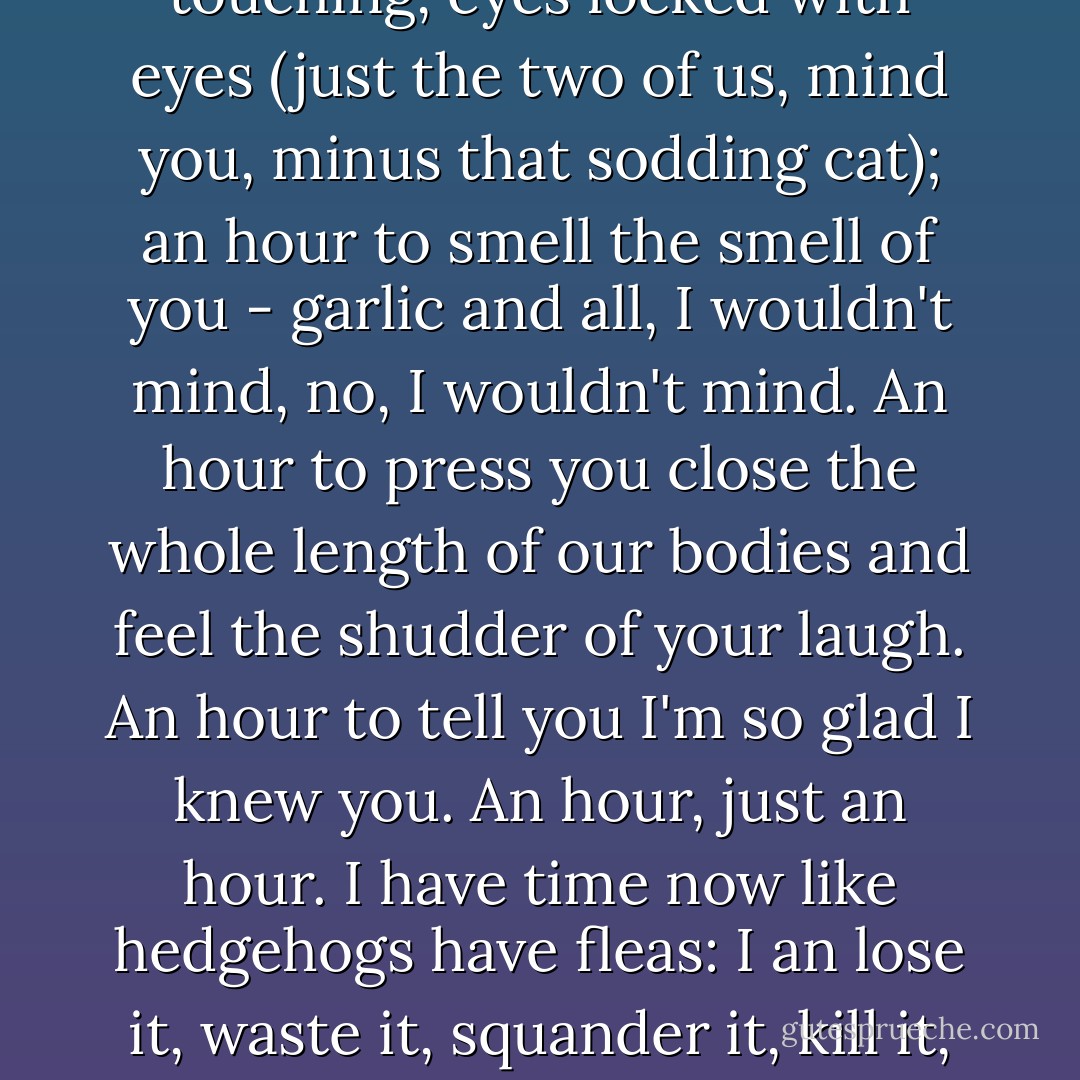 An hour would be enough. An hour with my head on the pillow beside yours, foreheads touching, eyes locked with eyes (just the two of us, mind you, minus that sodding cat); an hour to smell the smell of you - garlic and all, I wouldn't mind, no, I wouldn't mind. An hour to press you close the whole length of our bodies and feel the shudder of your laugh. An hour to tell you I'm so glad I knew you. An hour, just an hour. I have time now like hedgehogs have fleas: I an lose it, waste it, squander it, kill it, and there will still be more to follow, but that hour I'll never have. Never. - A.P. .