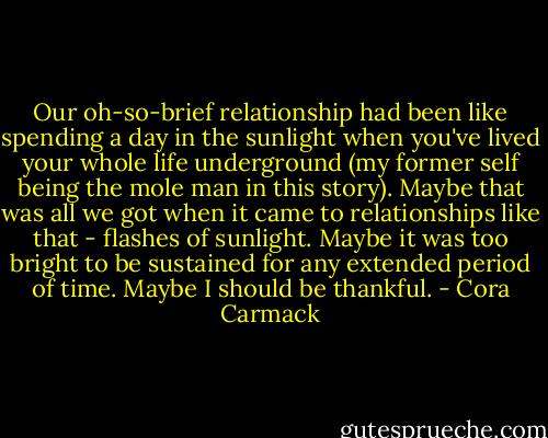 Our oh-so-brief relationship had been like spending a day in the sunlight when you've lived your whole life underground (my former self being the mole man in this story). Maybe that was all we got when it came to relationships like that - flashes of sunlight. Maybe it was too bright to be sustained for any extended period of time. Maybe I should be thankful. - Cora Carmack