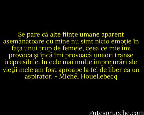 Se pare că alte fiinţe umane aparent asemănătoare cu mine nu simt nicio emoţie în faţa unui trup de femeie, ceea ce mie îmi provoca şi încă îmi provoacă uneori transe irepresibile. În cele mai multe împrejurări ale vieţii mele am fost aproape la fel de liber ca un aspirator. - Michel Houellebecq