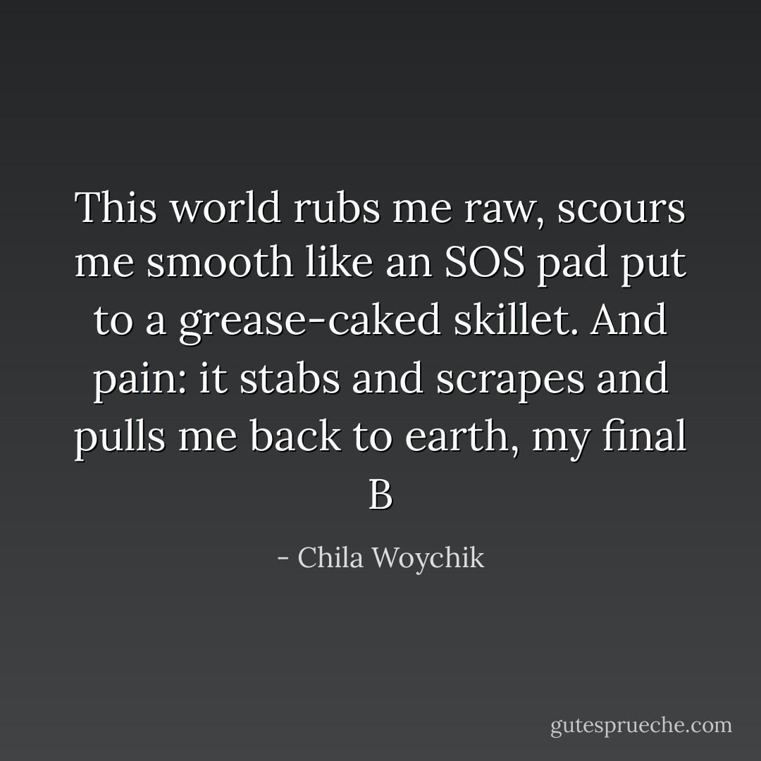 This world rubs me raw, scours me smooth like an SOS pad put to a grease-caked skillet. And pain: it stabs and scrapes and pulls me back to earth, my final B - Chila Woychik