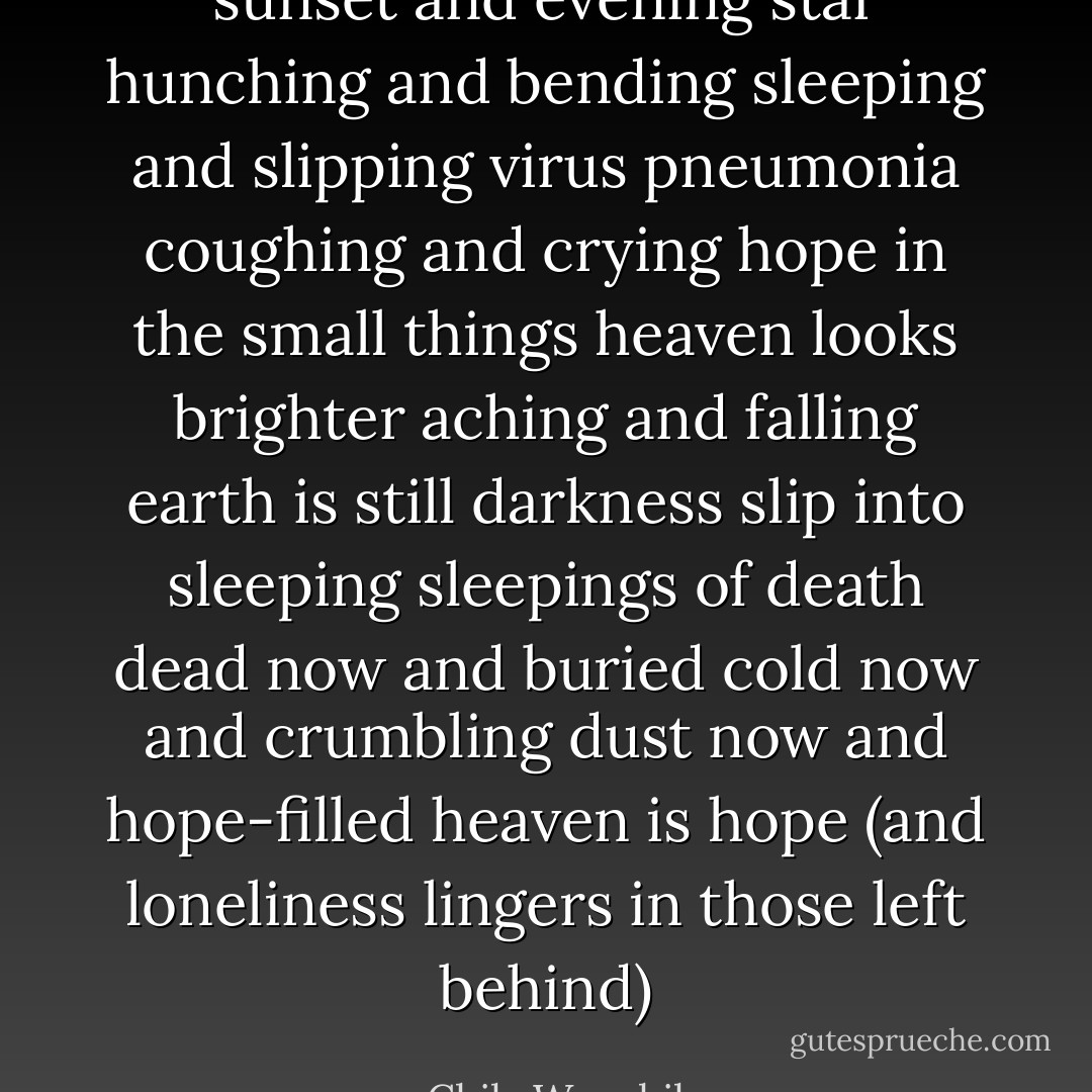sunset and evening star hunching and bending sleeping and slipping virus pneumonia coughing and crying hope in the small things heaven looks brighter aching and falling earth is still darkness slip into sleeping sleepings of death dead now and buried cold now and crumbling dust now and hope-filled heaven is hope (and loneliness lingers in those left behind) - Chila Woychik