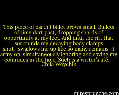 This piece of earth I billet grows small. Bullets of time dart past, dropping shards of opportunity at my feet. And until the rift that surrounds my decaying body clamps shut—swallows me up like so many remains—I army on, simultaneously ignoring and saving my comrades in the hole.<br />Such is a writer’s life. - Chila Woychik