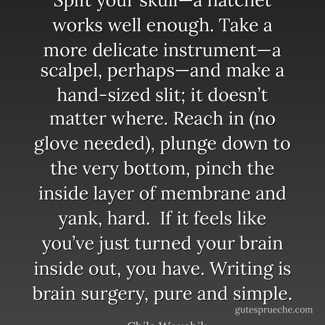 Split your skull—a hatchet works well enough. Take a more delicate instrument—a scalpel, perhaps—and make a hand-sized slit; it doesn’t matter where. Reach in (no glove needed), plunge down to the very bottom, pinch the inside layer of membrane and yank, hard. <br />If it feels like you’ve just turned your brain inside out, you have. Writing is brain surgery, pure and simple. - Chila Woychik