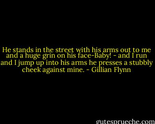 He stands in the street with his arms out to me and a huge grin on his face-Baby! - and I run and I jump up into his arms he presses a stubbly cheek against mine. - Gillian Flynn
