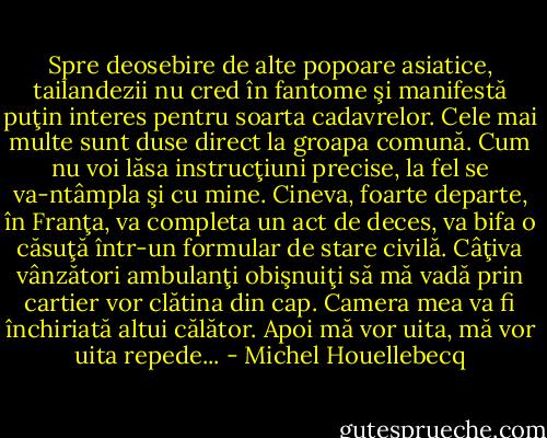 Spre deosebire de alte popoare asiatice, tailandezii nu cred în fantome şi manifestă puţin interes pentru soarta cadavrelor. Cele mai multe sunt duse direct la groapa comună. Cum nu voi lăsa instrucţiuni precise, la fel se va-ntâmpla şi cu mine. Cineva, foarte departe, în Franţa, va completa un act de deces, va bifa o căsuţă într-un formular de stare civilă. Câţiva vânzători ambulanţi obişnuiţi să mă vadă prin cartier vor clătina din cap. Camera mea va fi închiriată altui călător. Apoi mă vor uita, mă vor uita repede... - Michel Houellebecq
