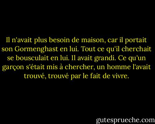 Il n'avait plus besoin de maison, car il portait son Gormenghast en lui. Tout ce qu'il cherchait se bousculait en lui. Il avait grandi. Ce qu'un garçon s'était mis à chercher, un homme l'avait trouvé, trouvé par le fait de vivre. - Mervyn Peake