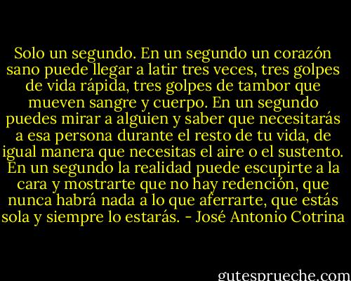 Solo un segundo.<br />En un segundo un corazón sano puede llegar a latir tres veces, tres golpes de vida rápida, tres golpes de tambor que mueven sangre y cuerpo. En un segundo puedes mirar a alguien y saber que necesitarás a esa persona durante el resto de tu vida, de igual manera que necesitas el aire o el sustento. En un segundo la realidad puede escupirte a la cara y mostrarte que no hay redención, que nunca habrá nada a lo que aferrarte, que estás sola y siempre lo estarás. - José Antonio Cotrina