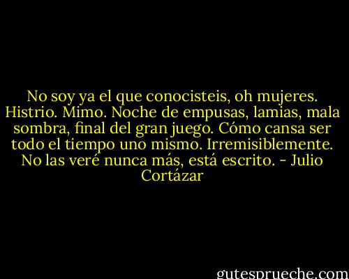 No soy ya el que conocisteis, oh mujeres. Histrio. Mimo. Noche de empusas, lamias, mala sombra, final del gran juego. Cómo cansa ser todo el tiempo uno mismo. Irremisiblemente. No las veré nunca más, está escrito. - Julio Cortázar