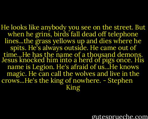 He looks like anybody you see on the street. But when he grins, birds fall dead off telephone lines...the grass yellows up and dies where he spits. He's always outside. He came out of time...He has the name of a thousand demons. Jesus knocked him into a herd of pigs once. His name is Legion. He's afraid of us...He knows magic. He can call the wolves and live in the crows...He's the king of nowhere. - Stephen        King