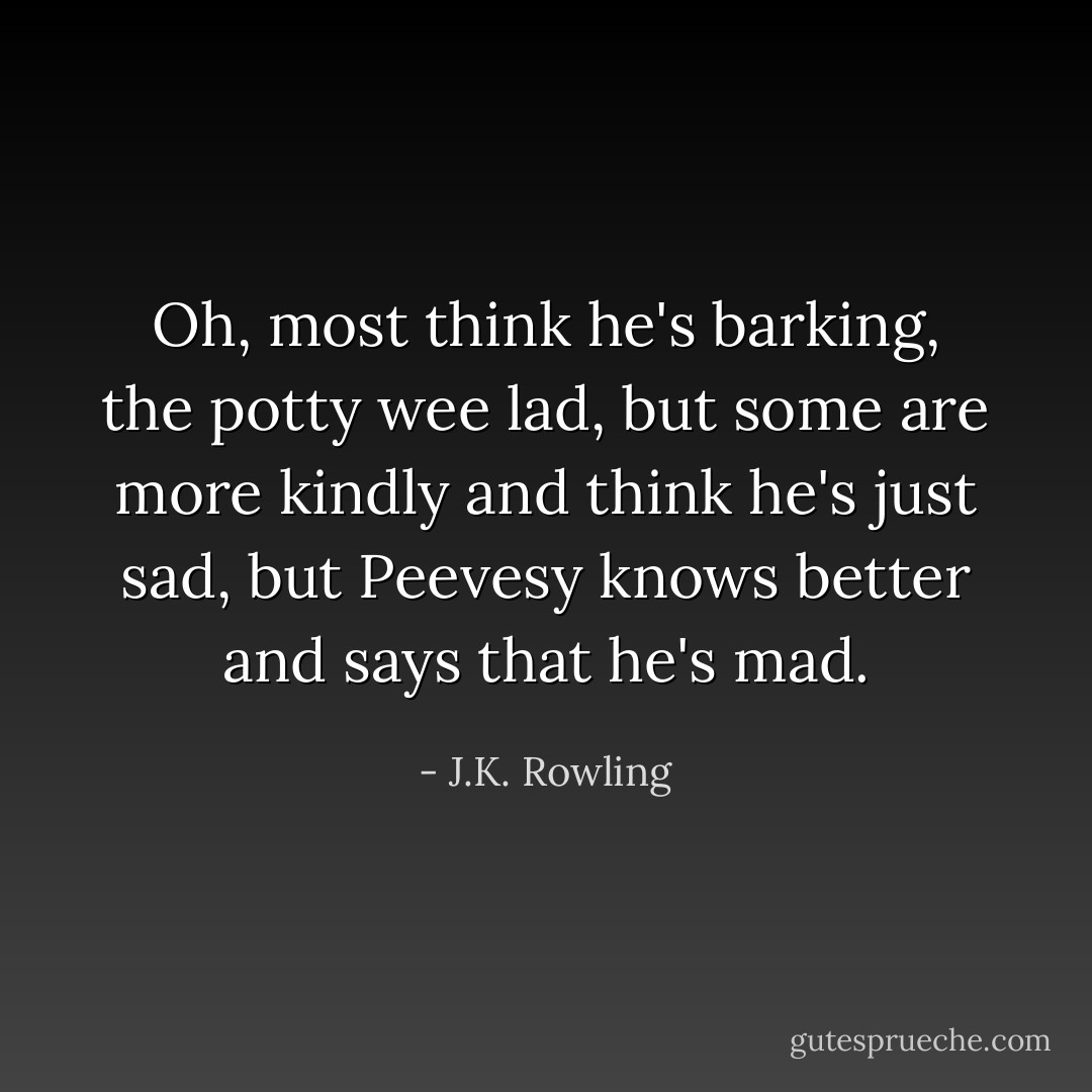 Oh, most think he's barking, the potty wee lad, but some are more kindly and think he's just sad, but Peevesy knows better and says that he's mad. - J.K. Rowling