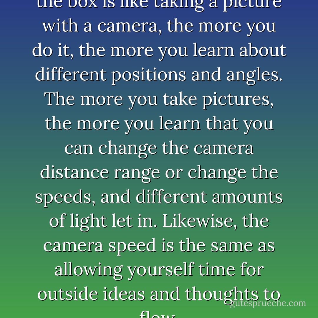 Trying to think more outside the box is like taking a picture with a camera, the more you do it, the more you learn about different positions and angles. The more you take pictures, the more you learn that you can change the camera distance range or change the speeds, and different amounts of light let in. Likewise, the camera speed is the same as allowing yourself time for outside ideas and thoughts to flow. - Wes Adamson