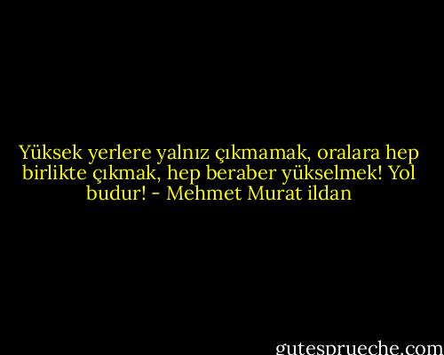 Yüksek yerlere yalnız çıkmamak, oralara hep birlikte çıkmak, hep beraber yükselmek! Yol budur! - Mehmet Murat ildan