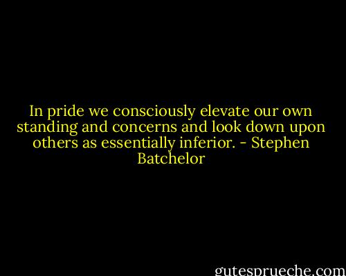 In pride we consciously elevate our own standing and concerns and look down upon others as essentially inferior. - Stephen Batchelor