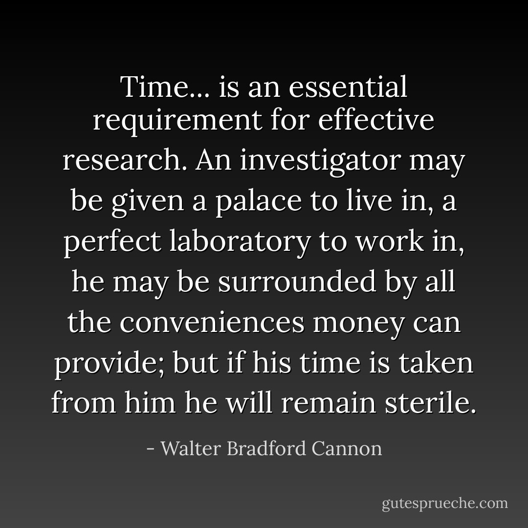 Time... is an essential requirement for effective research. An investigator may be given a palace to live in, a perfect laboratory to work in, he may be surrounded by all the conveniences money can provide; but if his time is taken from him he will remain sterile. - Walter Bradford Cannon