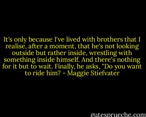 It's only because I've lived with brothers that I realise, after a moment, that he's not looking outside but rather inside, wrestling with something inside himself. And there's nothing for it but to wait.<br />Finally, he asks, "Do you want to ride him? - Maggie Stiefvater