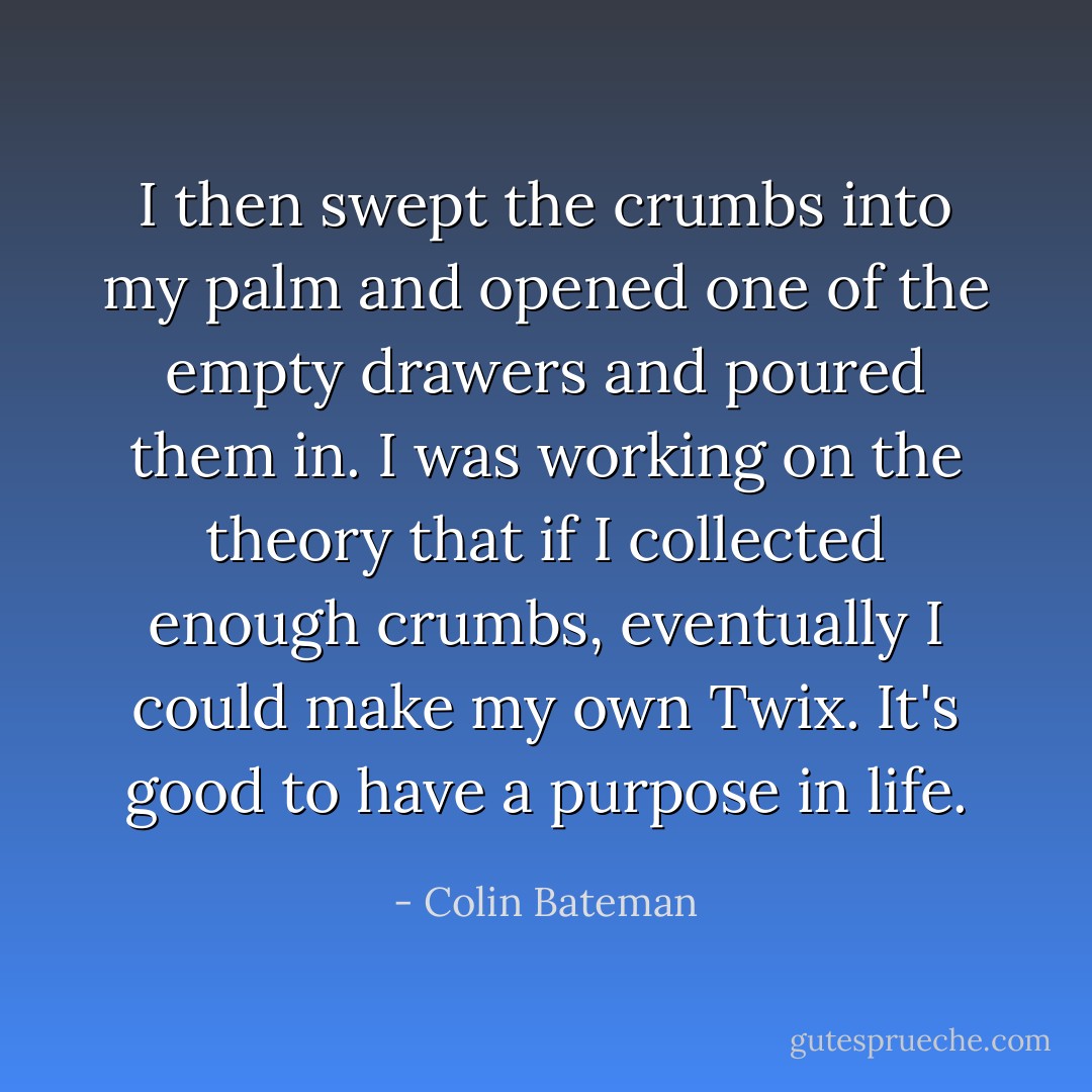 I then swept the crumbs into my palm and opened one of the empty drawers and poured them in. I was working on the theory that if I collected enough crumbs, eventually I could make my own Twix. It's good to have a purpose in life. - Colin Bateman