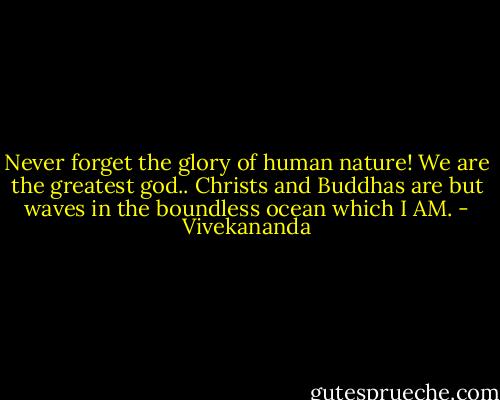 Never forget the glory of human nature! We are the greatest god.. Christs and Buddhas are but waves in the boundless ocean which I AM. - Vivekananda