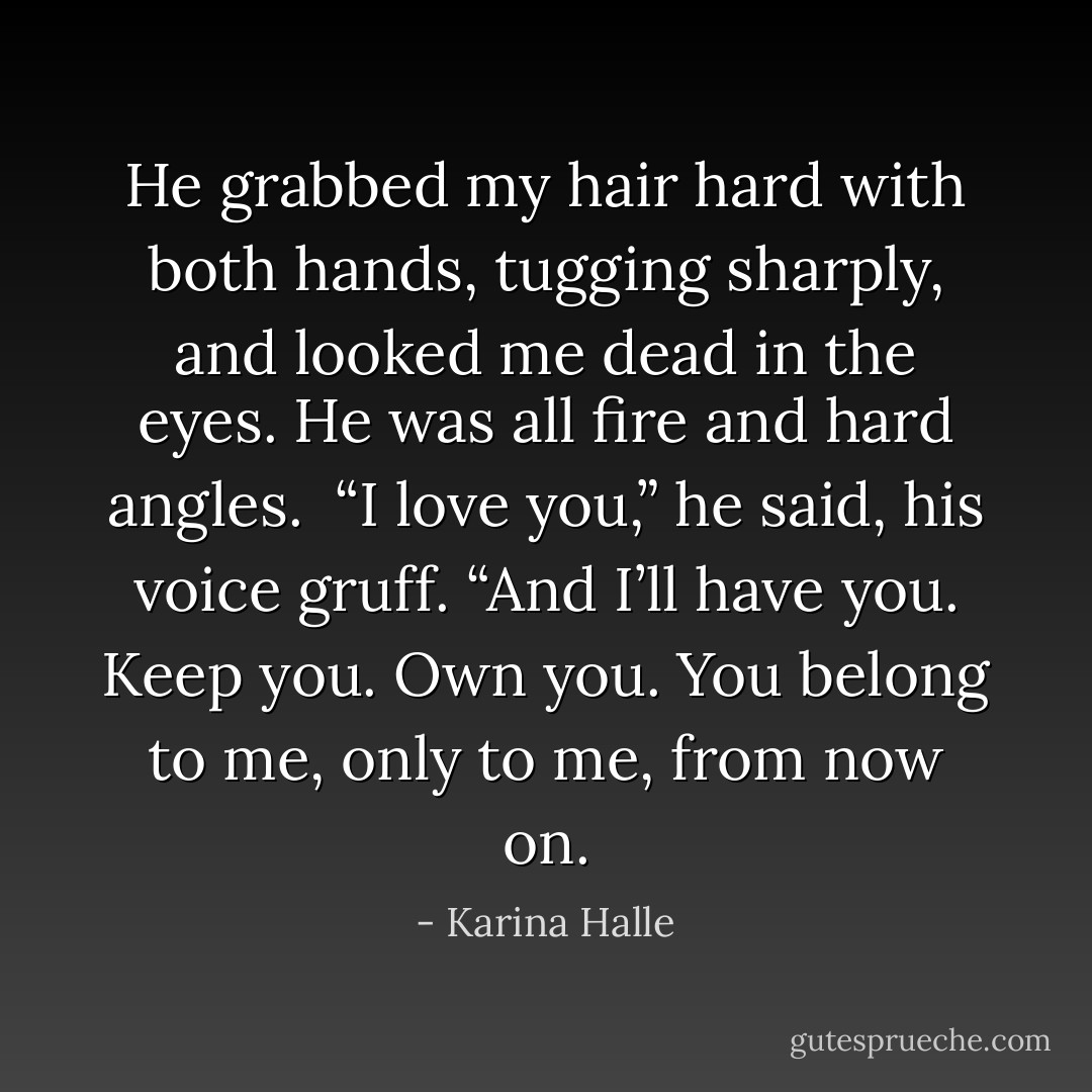 He grabbed my hair hard with both hands, tugging sharply, and looked me dead in the eyes. He was all fire and hard angles. <br />“I love you,” he said, his voice gruff. “And I’ll have you. Keep you. Own you. You belong to me, only to me, from now on. - Karina Halle