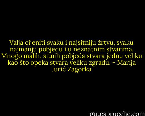 Valja cijeniti svaku i najsitniju žrtvu, svaku najmanju pobjedu i u neznatnim stvarima. Mnogo malih, sitnih pobjeda stvara jednu veliku kao što opeka stvara veliku zgradu. - Marija Jurić Zagorka
