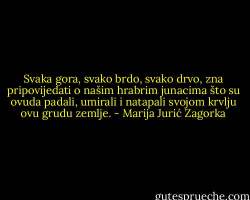 Svaka gora, svako brdo, svako drvo, zna pripovijedati o našim hrabrim junacima što su ovuda padali, umirali i natapali svojom krvlju ovu grudu zemlje. - Marija Jurić Zagorka