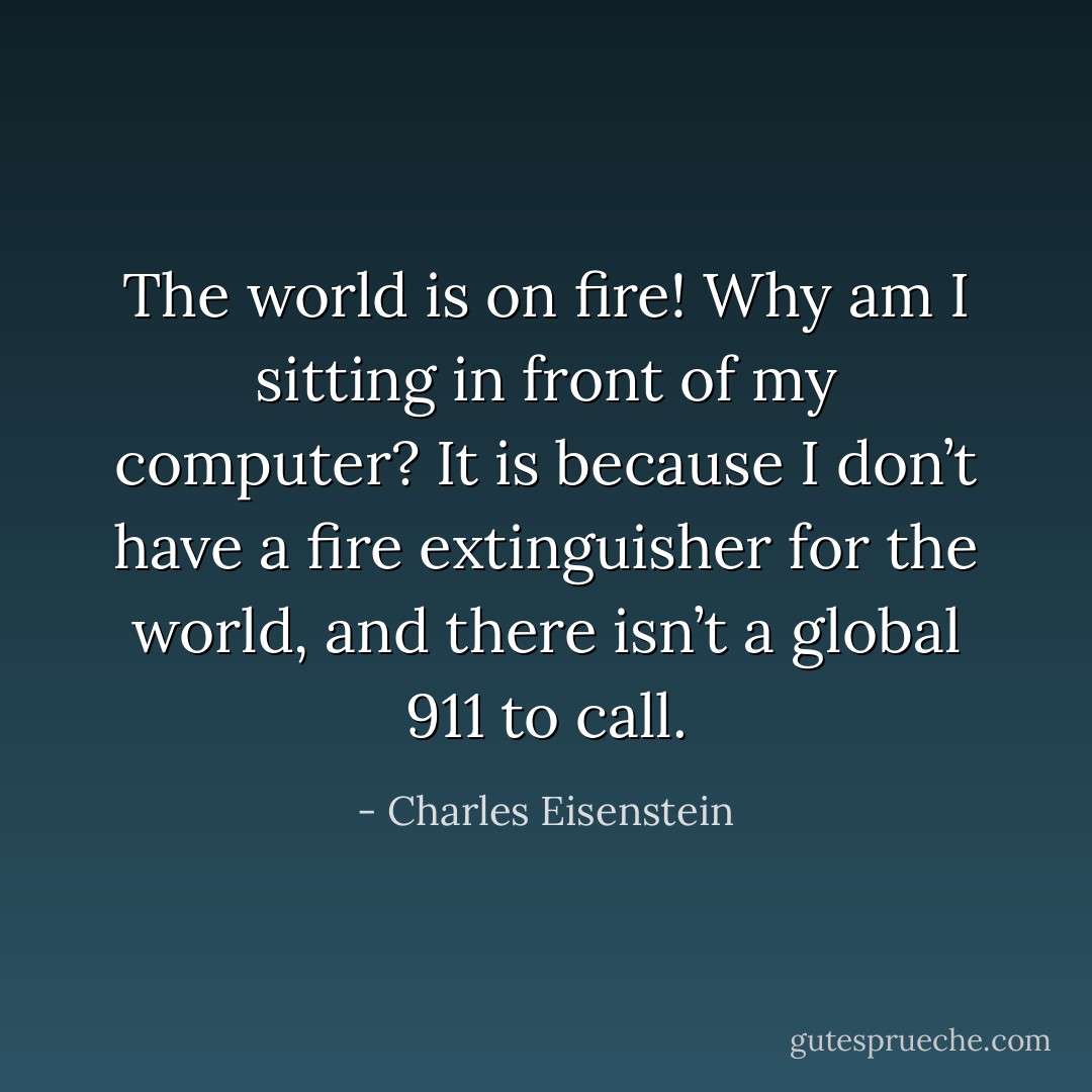The world is on fire! Why am I sitting in front of my computer? It is because I don’t have a fire extinguisher for the world, and there isn’t a global 911 to call. - Charles Eisenstein