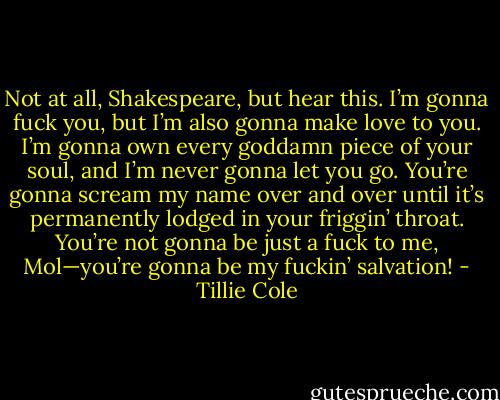 Not at all, Shakespeare, but hear this. I’m gonna fuck you, but I’m also gonna make love to you. I’m gonna own every goddamn piece of your soul, and I’m never gonna let you go. You’re gonna scream my name over and over until it’s permanently lodged in your friggin’ throat. You’re not gonna be just a fuck to me, Mol—you’re gonna be my fuckin’ salvation! - Tillie Cole