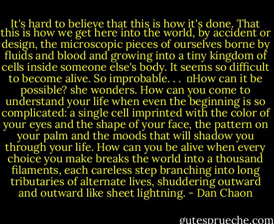 It's hard to believe that this is how it's done. That this is how we get here into the world, by accident or design, the microscopic pieces of ourselves borne by fluids and blood and growing into a tiny kingdom of cells inside someone else's body. It seems so difficult to become alive. So improbable. . . <br />	How can it be possible? she wonders. How can you come to understand your life when even the beginning is so complicated: a single cell imprinted with the color of your eyes and the shape of your face, the pattern on your palm and the moods that will shadow you through your life. How can you be alive when every choice you make breaks the world into a thousand filaments, each careless step branching into long tributaries of alternate lives, shuddering outward and outward like sheet lightning. - Dan Chaon